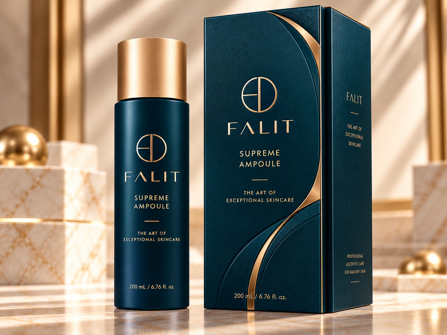 네이비 보틀에 골드 캡을 씌운 FALIT 리가먼트 리페이스 앰플 200mL와 전용 박스